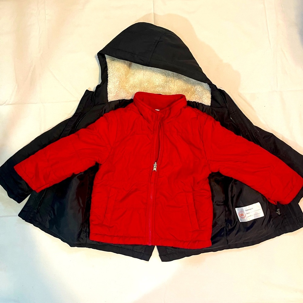 Wonder Nation Boys 2-Piece Black Hooded Coat & Red Soft Shell Jacket Siz…